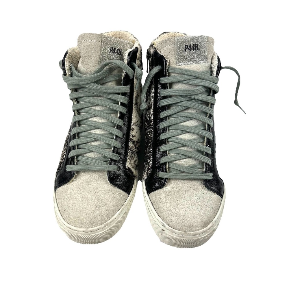 P448 High Top Sneakers 38 Leather Suede Calf Hair Lace Up Skate Shoes Womens